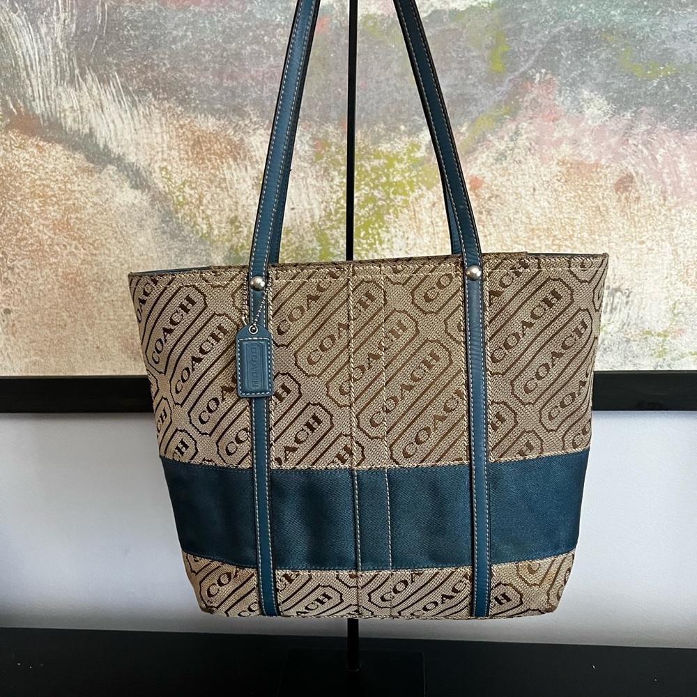 Coach Blue & Tan Signature Tag Blue Shoulder Tote